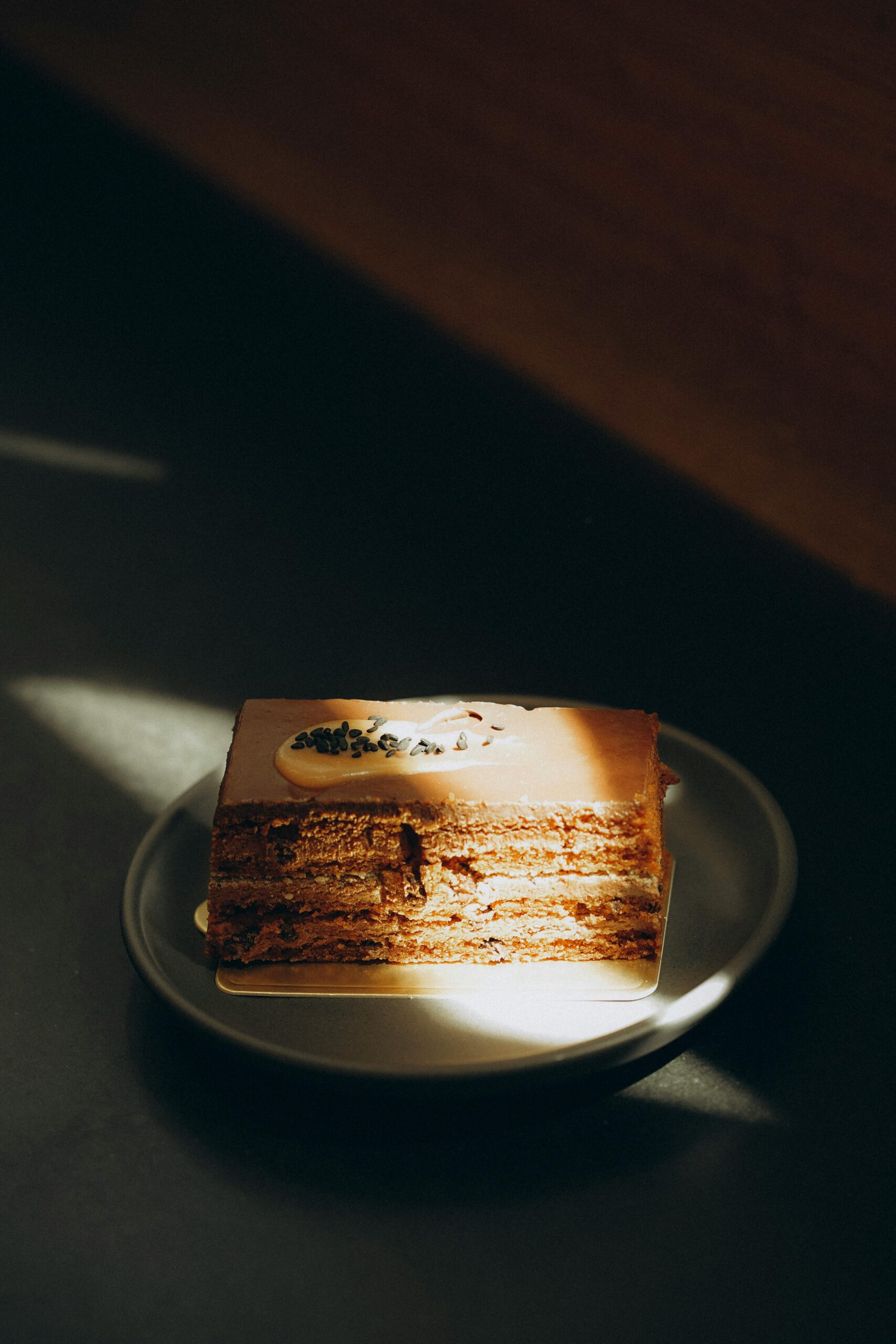 Elegant chocolate pastry illuminated by soft natural light on a dark background.
